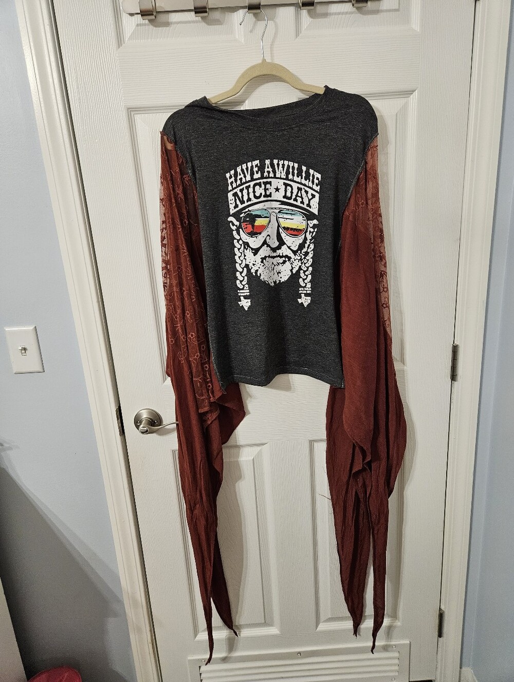 Upcycled Graphic Top with Exaggerated Rust Draped Sleeves